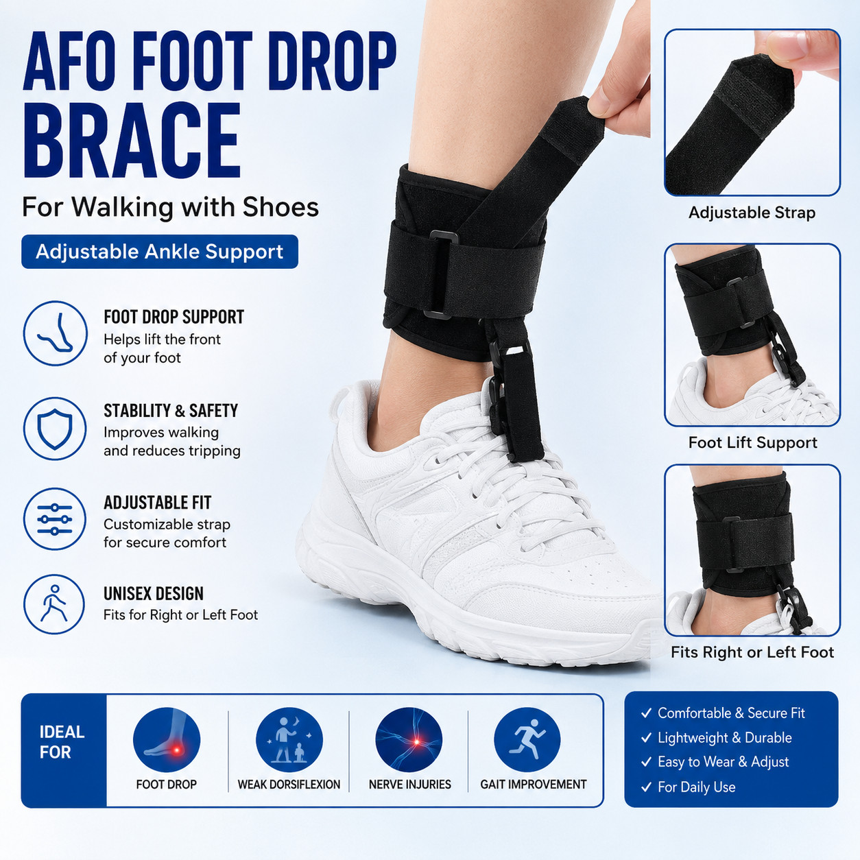 AFO Foot Drop Brace Foot Lift Support for Walking with Shoes Adjustable Ankle