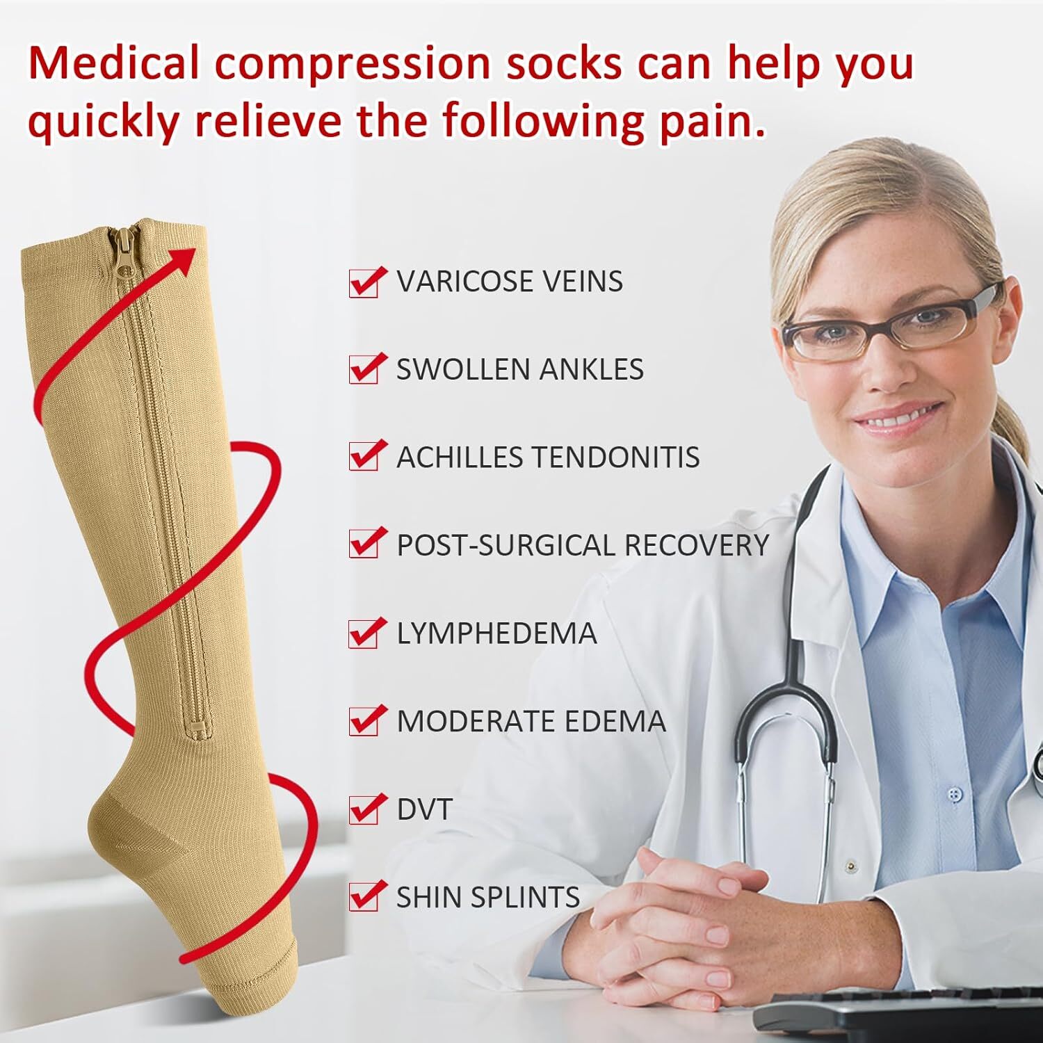 Men & Women Compression Socks Stockings 20-30mmHg Knee High Support W/ Zipper