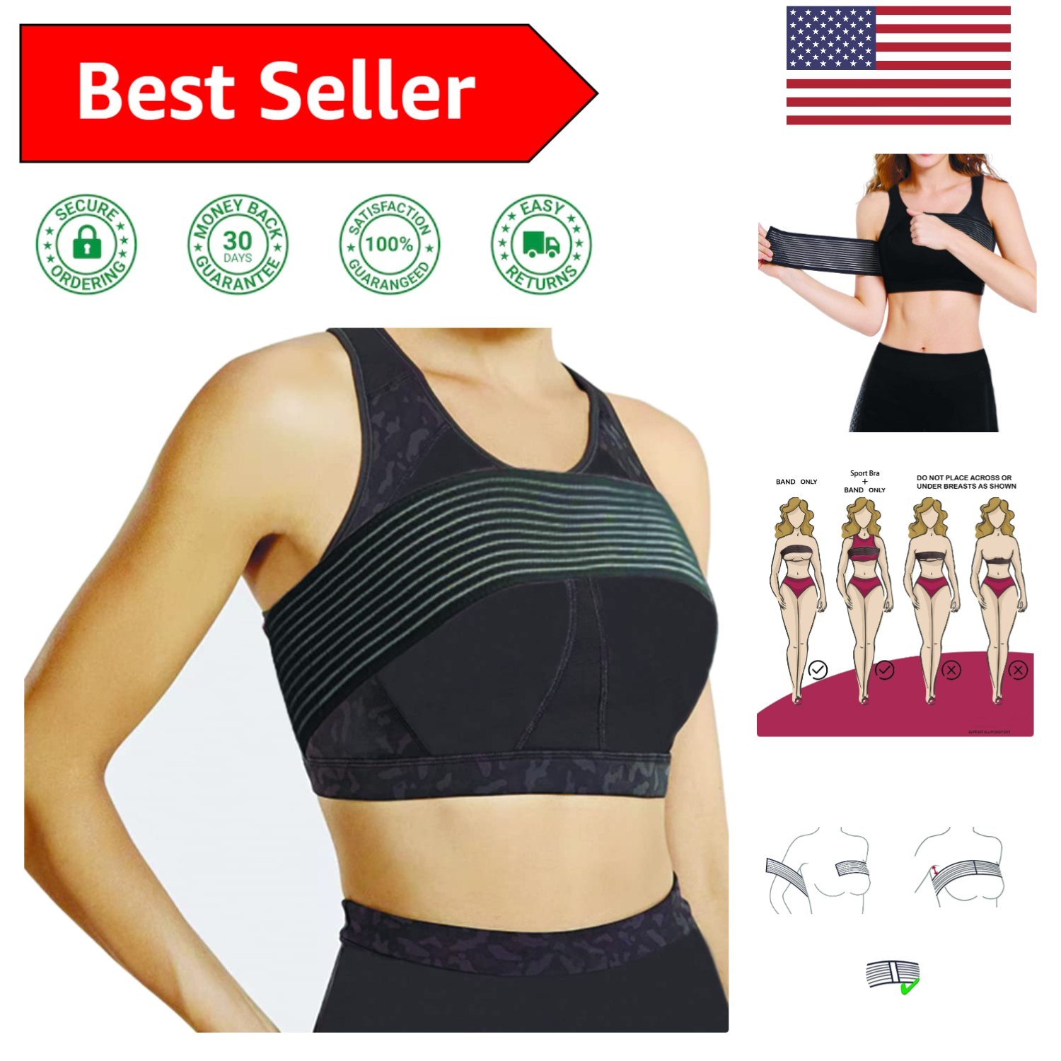 Lightweight Black Breast Support Band – Post-Surgical Compression, Large Size