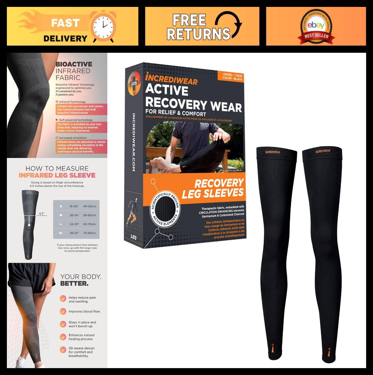 Full Length Leg Sleeves 2pk for Pain Relief & Muscle Recovery, Reduce Swelling,