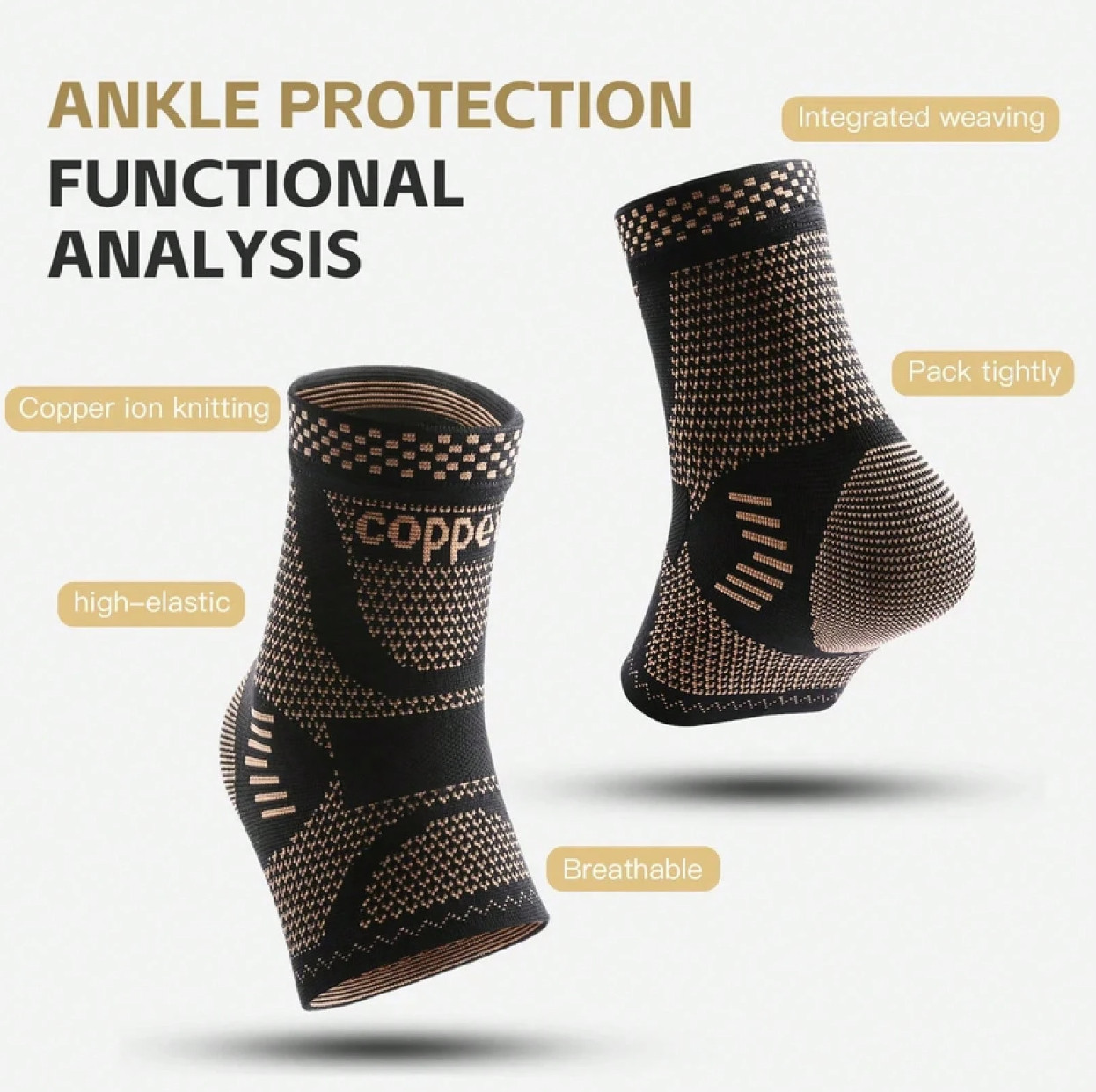 2 Pcs Copper Ankle Compression Sleeves Breathable Adjustable Sports Support Pair