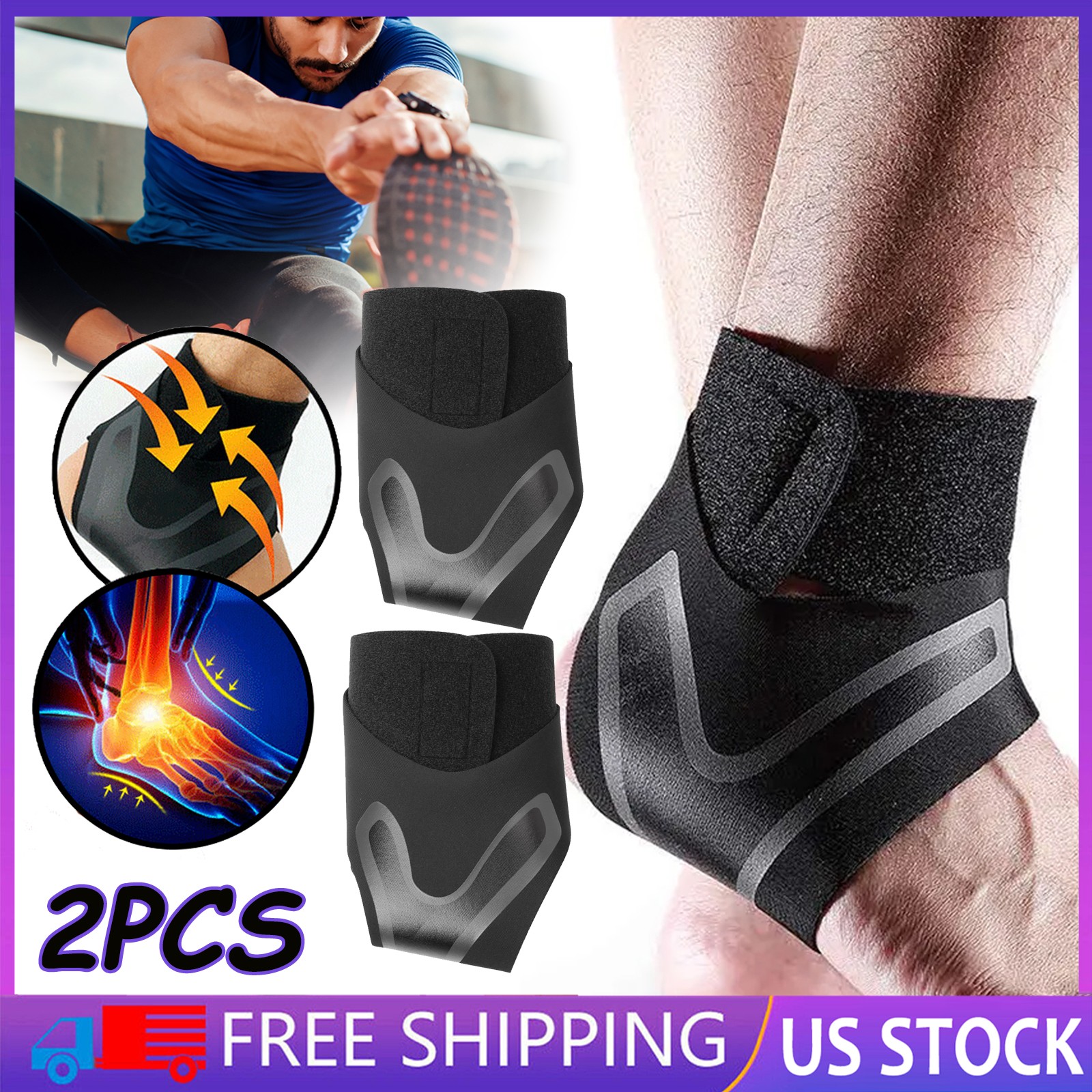 A Pair Ankle Support Brace, Breathable Compression Sleeve Pain Relief Foot Wrap