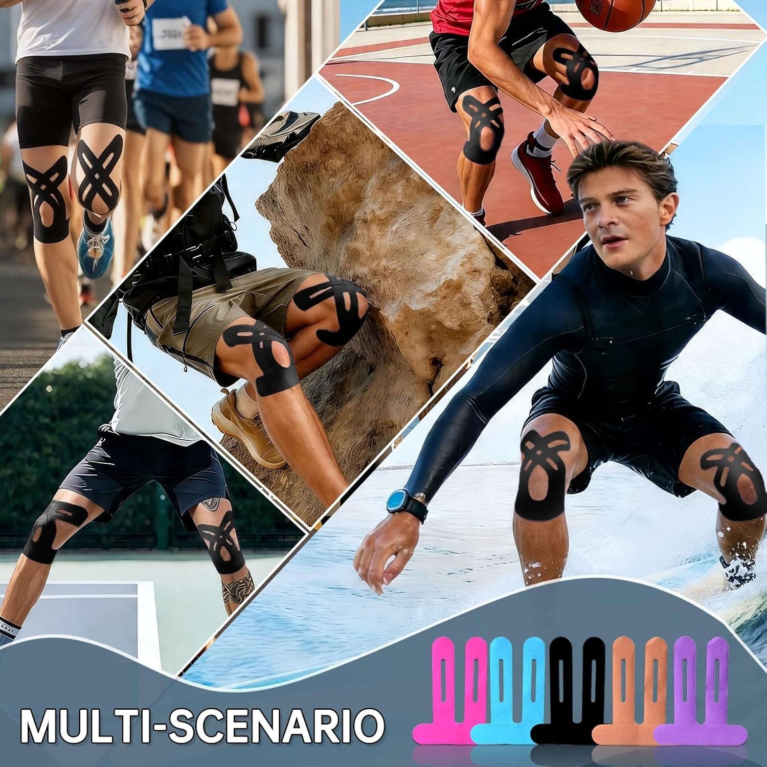 Precut Black Kinesiology Tape for Knees, 10 Pcs, Waterproof & Breathable