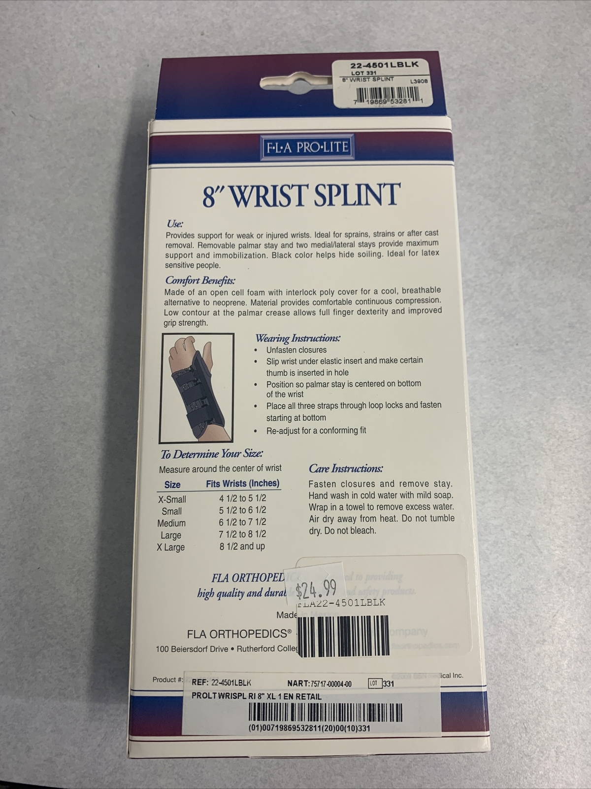 FLA Pro-Lite 8″ Wrist Splint Black Right Hand XL