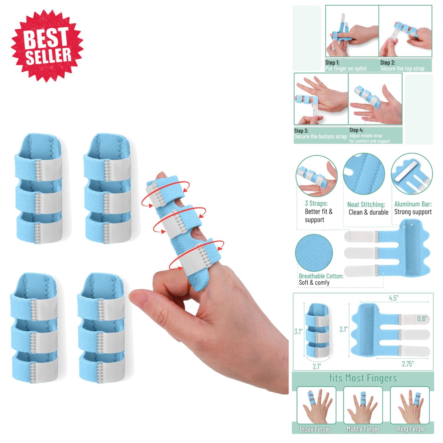 Adjustable Light Blue Finger Splints: 4-Pack for Joint Pain & Injury Support