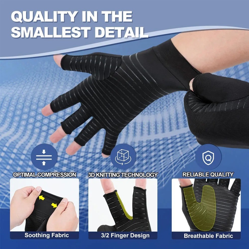 1 Pair Copper Compression Gloves for Arthritis – Open Finger- For Men & Women