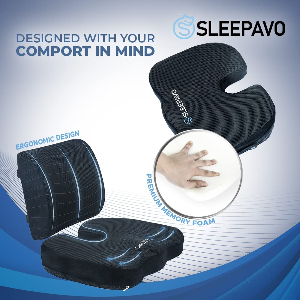 Sleepavo Memory Foam Seat Cushion for Office ChairOrthopedic Back and Butt Pi…