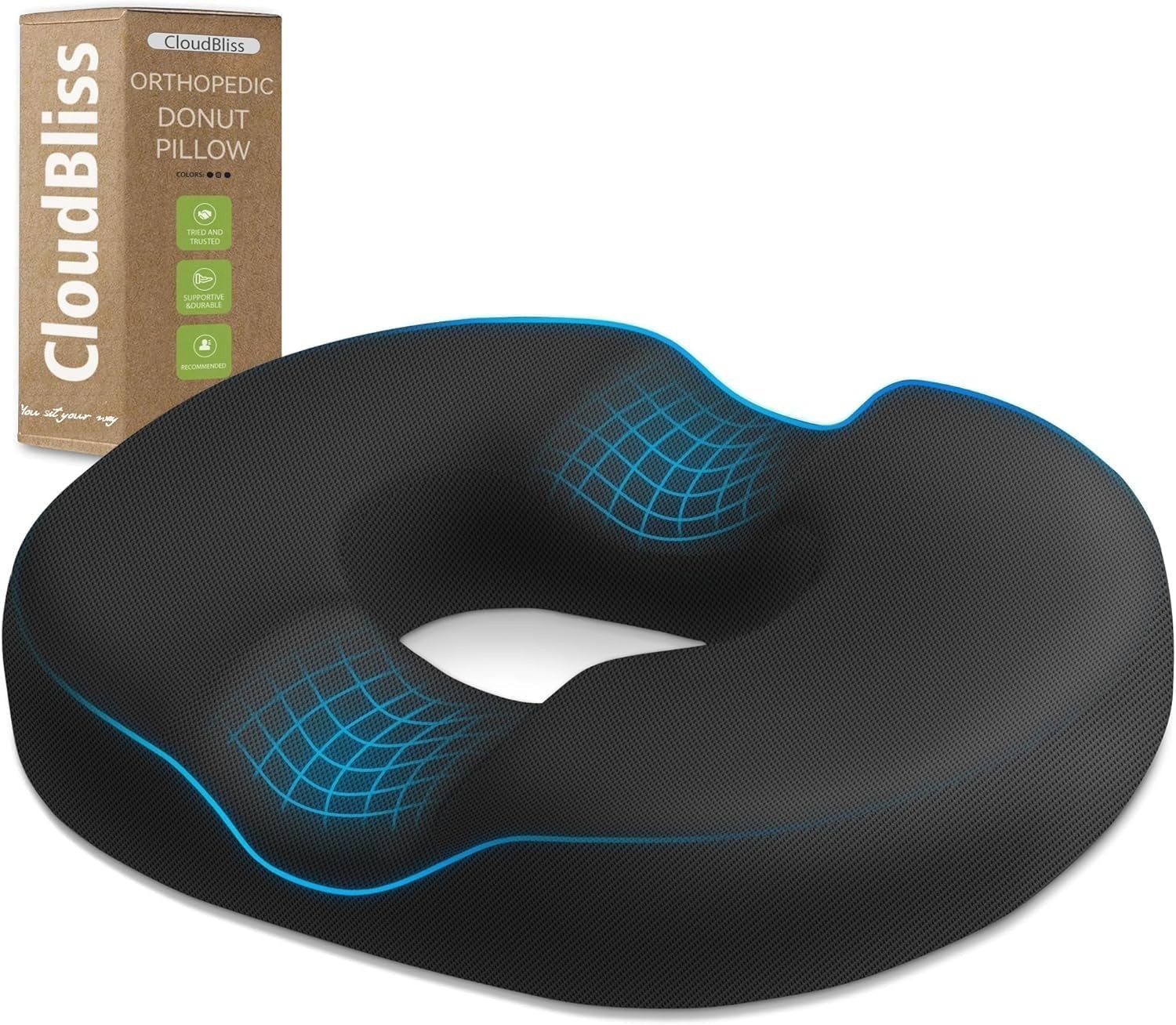 CloudBliss Donut Pillow Memory Foam Seat Cushion Tailbone Relief Black