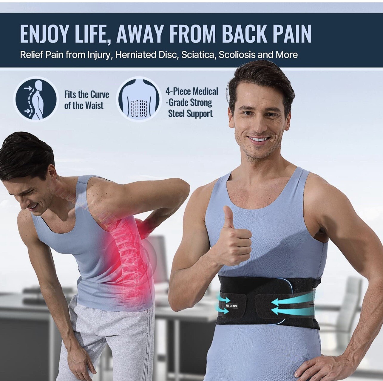 Fit Geno Back Brace for Men and Women Size Large