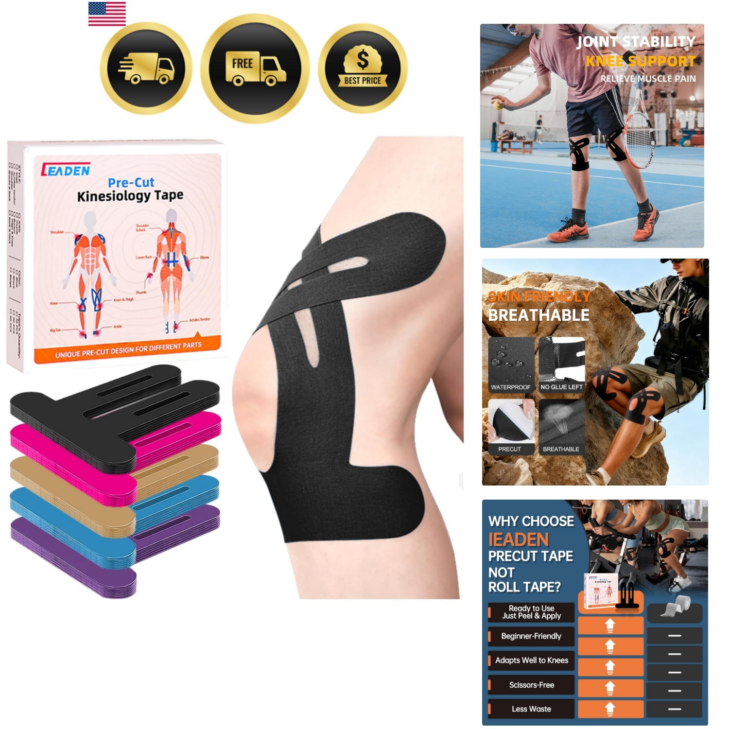 Precut Kinesiology Tape for Knees, 10 Pcs – Knee Support & Stability, Knee Pa…