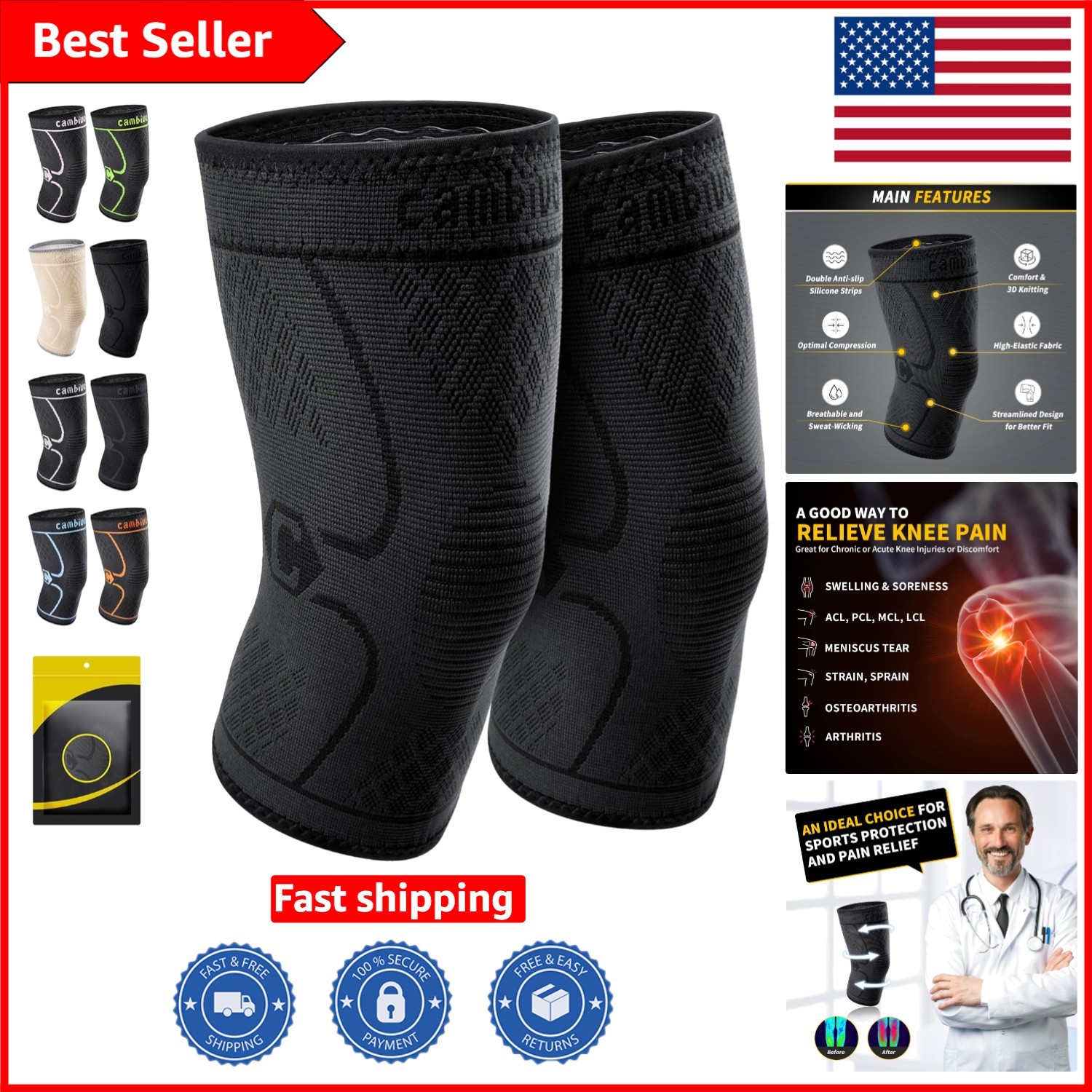 Black Knee Brace Pair – Compression Support with Non-Slip Design, Small Size