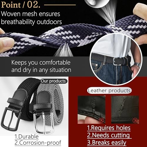 Elastic Braided Belt Waist Adjustable:36″-42″ (46″ Length) Blacka Black Buckle