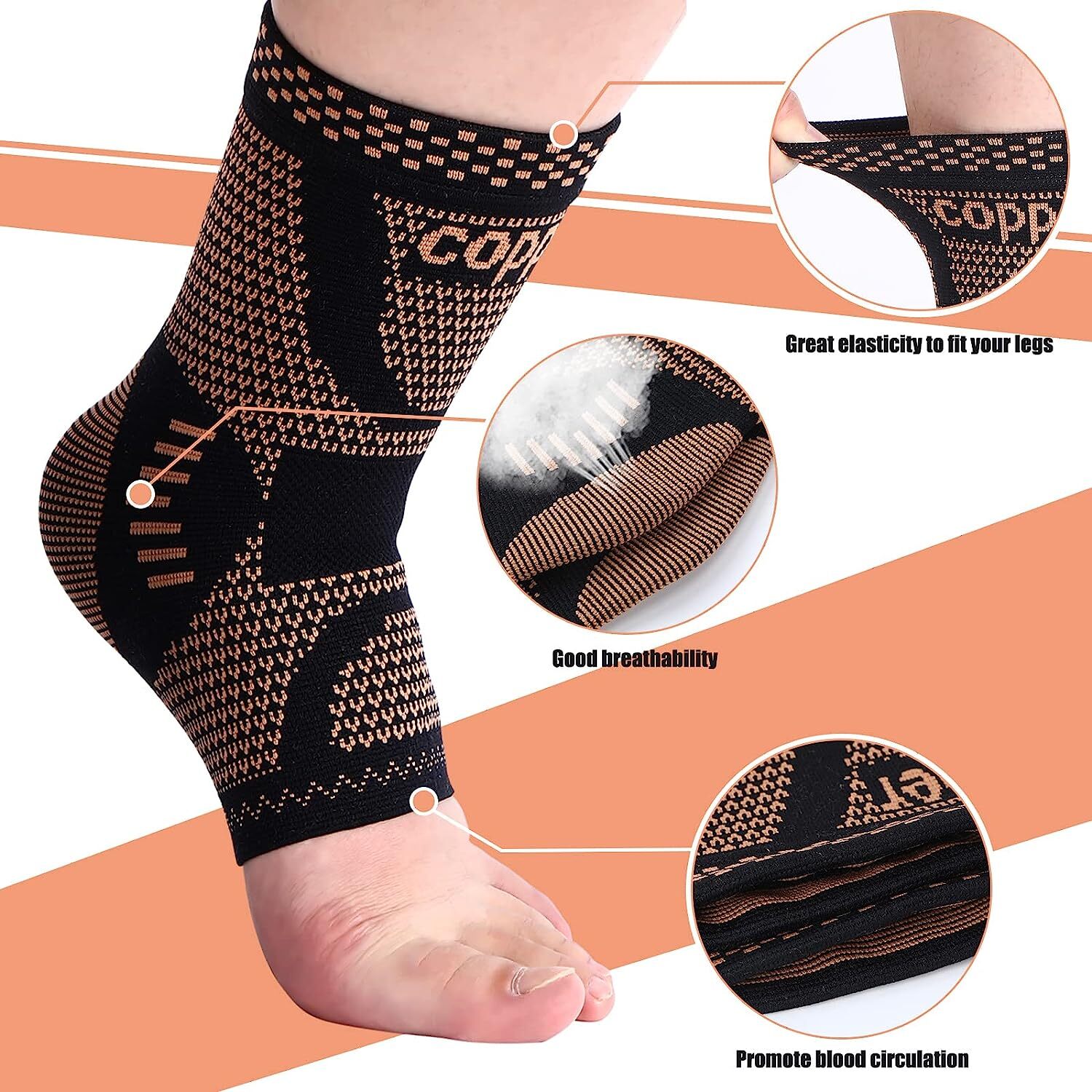 Copper Ankle Support Brace Compression Sleeve Socks Foot Pain Fasciitis Relief