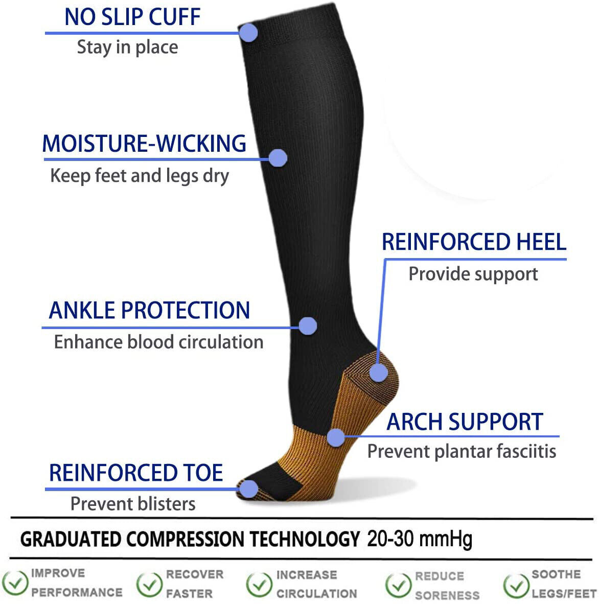 5 Pairs Copper Compression Socks 20-30mmHg Graduated Support Mens Womens S/M-XXL