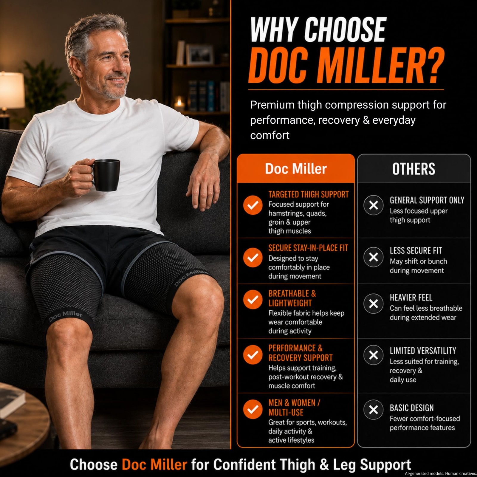 Doc Miller Thigh Compression Sleeve for Men & Women, 1 Pair Medium, Skin