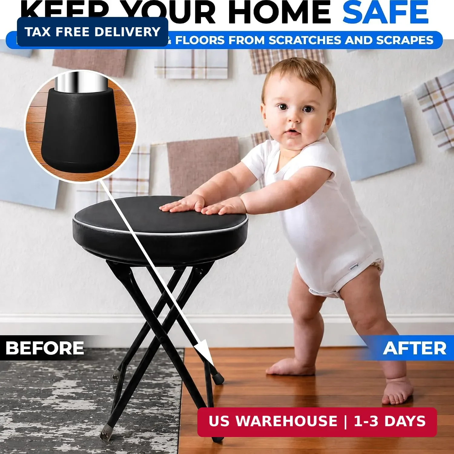 4 Rubber Chair Leg Caps 7/8 Inch Black, Non-Slip Padded and Metal Folding Chair