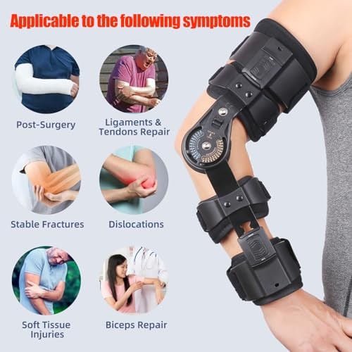 Hinged ROM Elbow Brace – Adjustable Post Op Elbow Brace Stabilizer Right Black