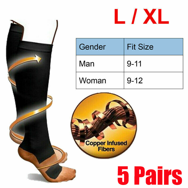 5 Pairs Copper Compression Socks 20-30mmHg Graduated Support Mens Womens L/XL