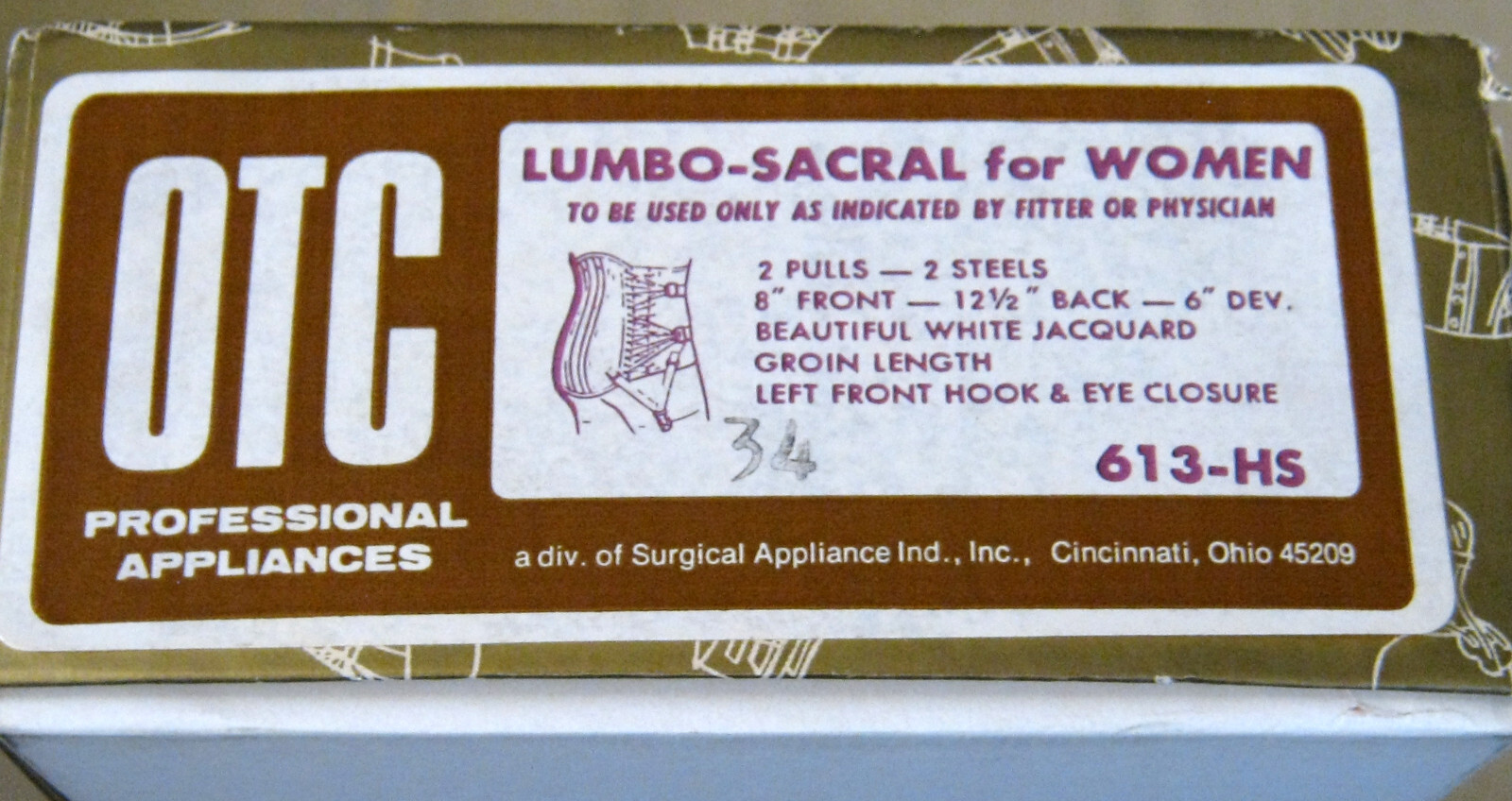 Vintage OTC LUMBOSACRAL SUPPORT Cinch Back Brace Girdle Size 34 in Orig Box