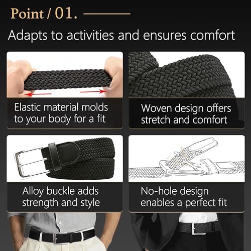Elastic Braided XS Waist Adjustable:33″-37″ (42″ Length) Blackc Silvery Buckle