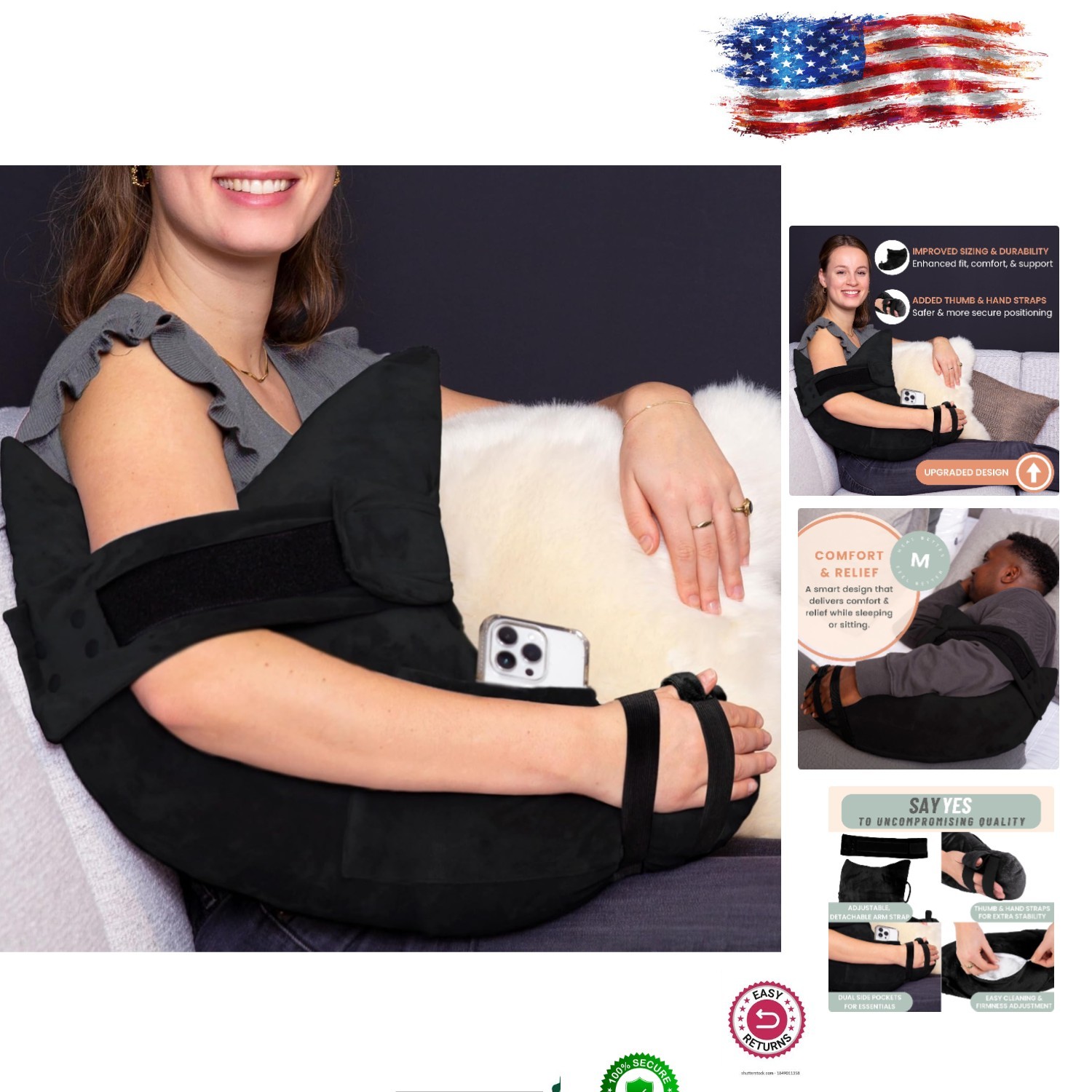 Charcoal Black Post-Surgery Pillow with Arm Support – Machine Washable & Firm