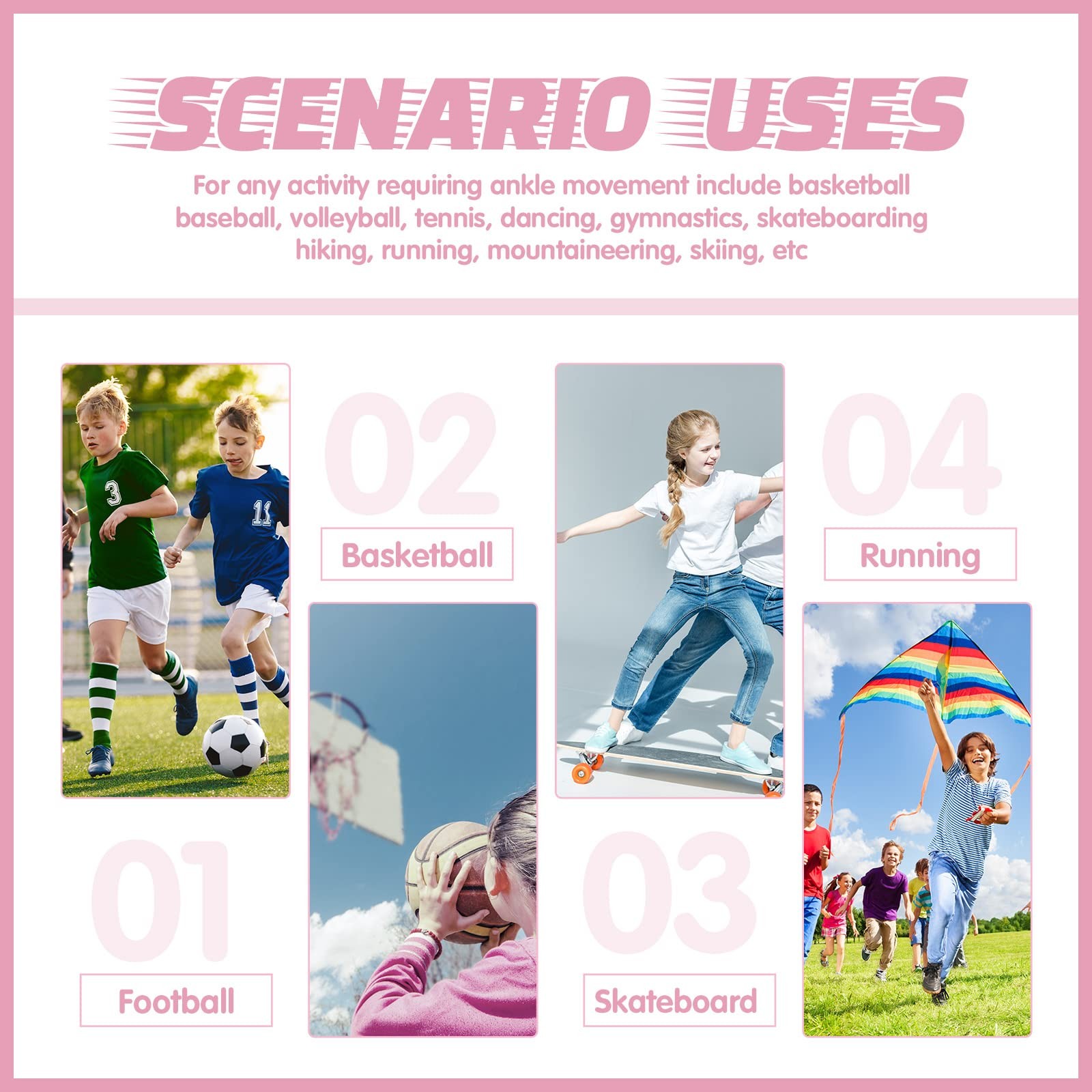 3 Pairs Medium Pink Kids Ankle Compression Brace Sleeves Foot Arch Socks