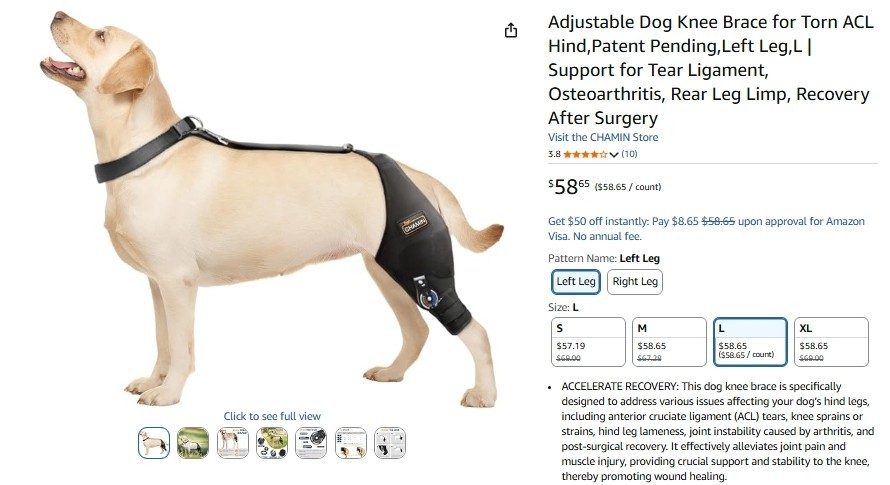 CHAMIN Dog Knee Brace Left Leg Size L ACL Ligament Rear Leg Support Harness-USED