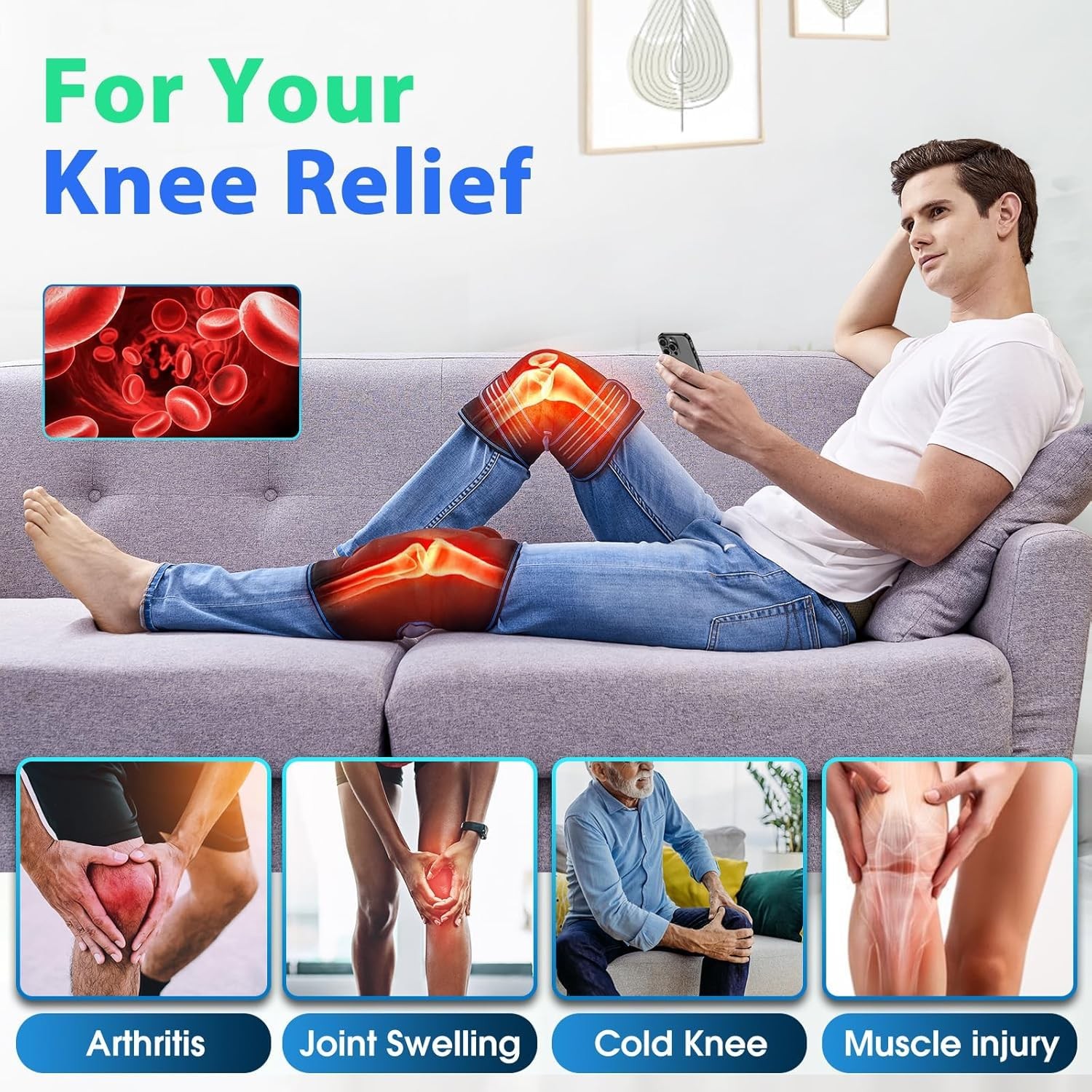 Knee Massager with Heat & Vibration, Heated Knee Brace for Knee Pain Relief, Hea