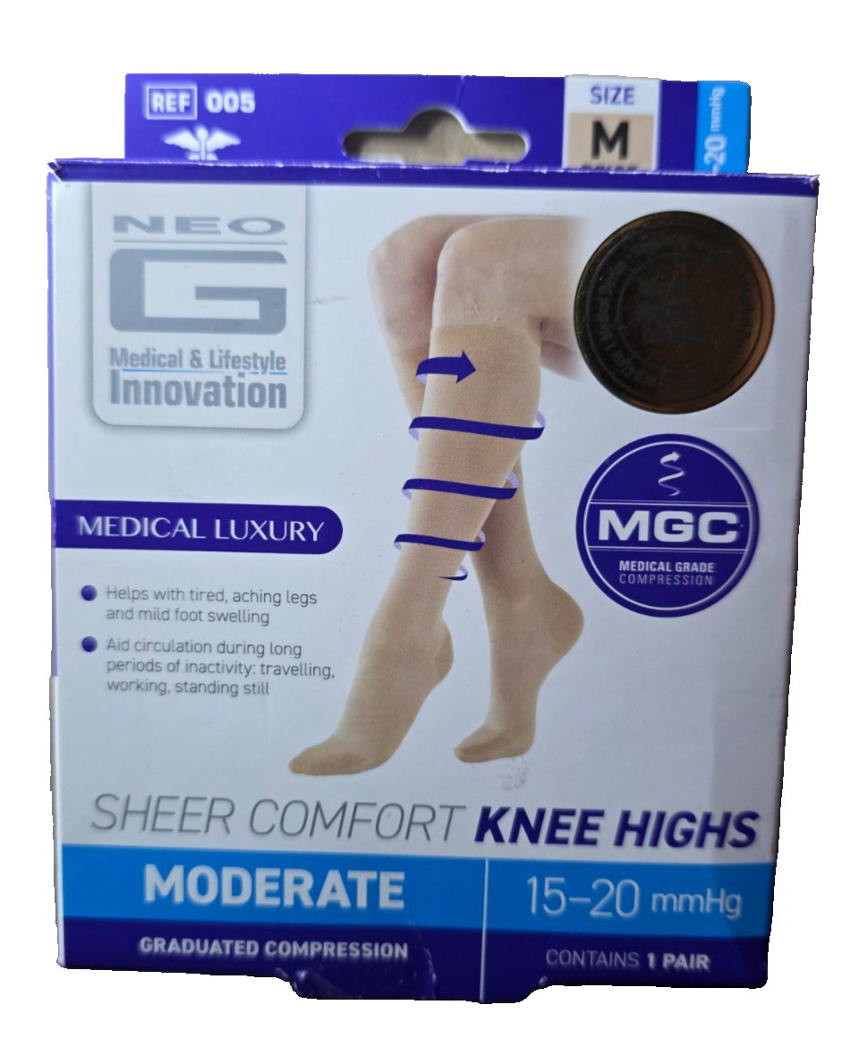 Neo G Sheer Comfort Knee High Socks (Firm) 15-20mmHg MEDIUM Beige (NEW)