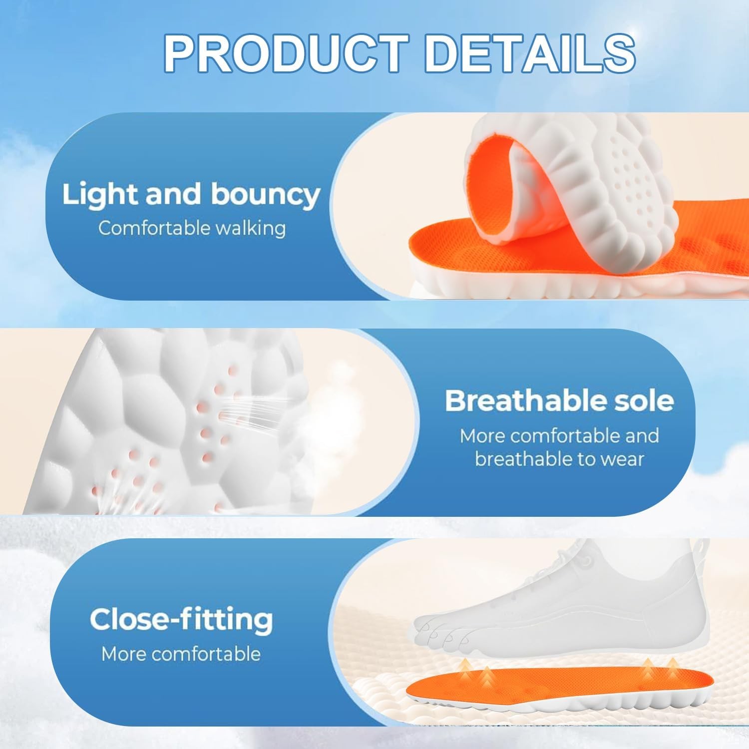 4D Cloud Insoles for Men Women, Breathable Memory Foam Cloud Massage Insoles,Arc