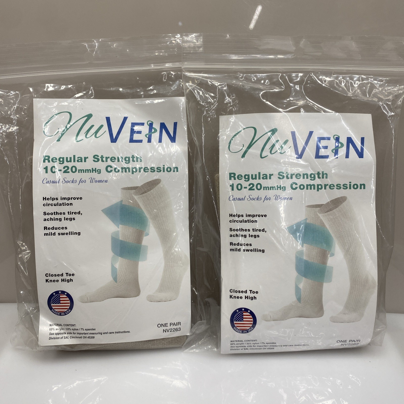 2 Pairs NuVein Regular Strength 10-20 mmHg Knee High Socks Closed Toe Sz M Beige