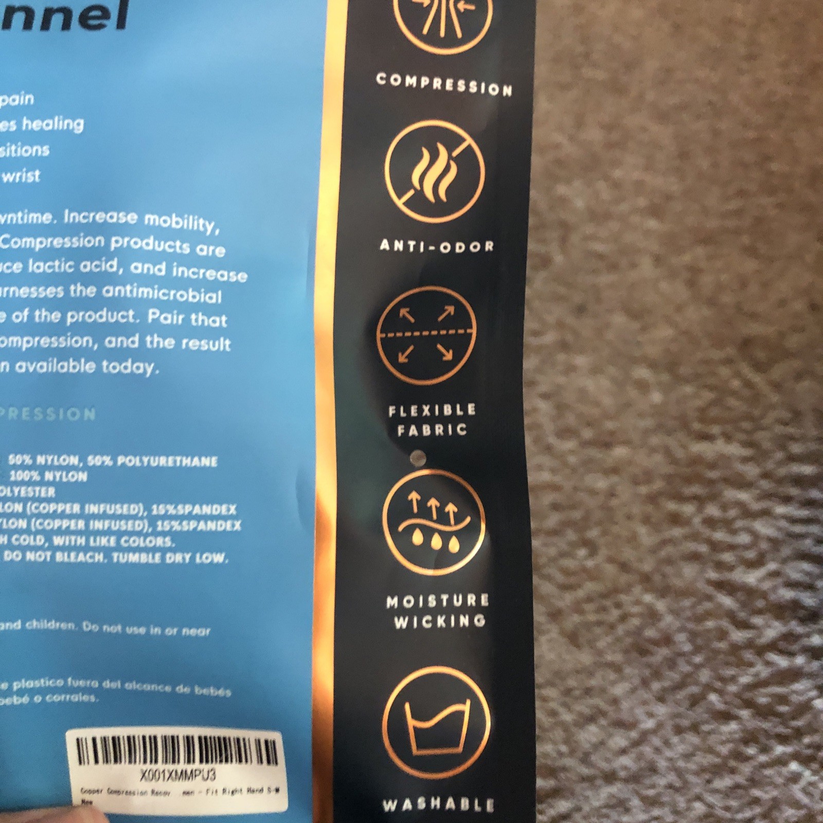 Copper Compression Wrist Brace Fits Right Hand S/M Unisex Washable New Sealed