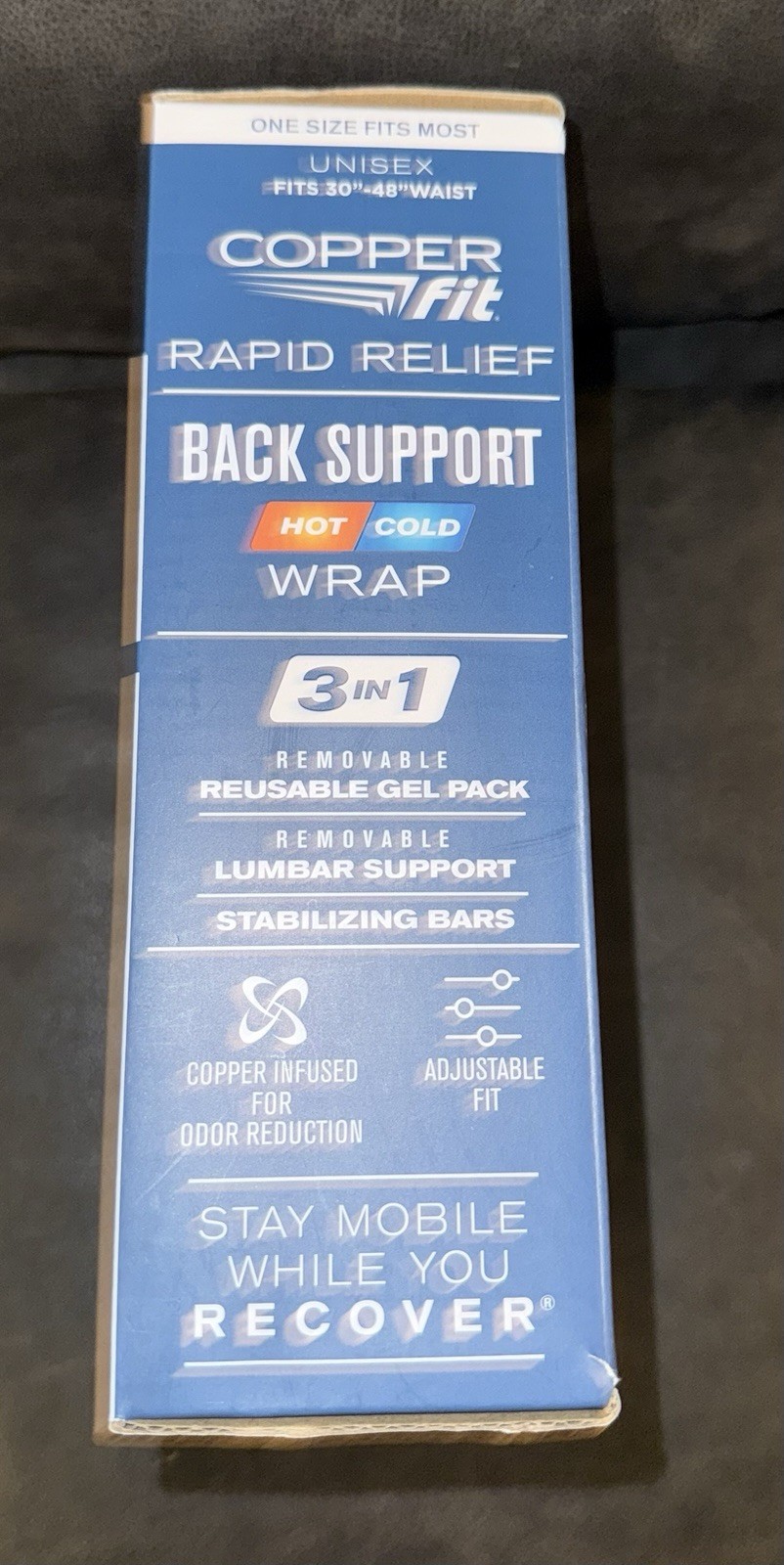 Copper Fit RAPID RELIEF Back Support Brace Hot/Cold Gel Pack One Size Fits Most