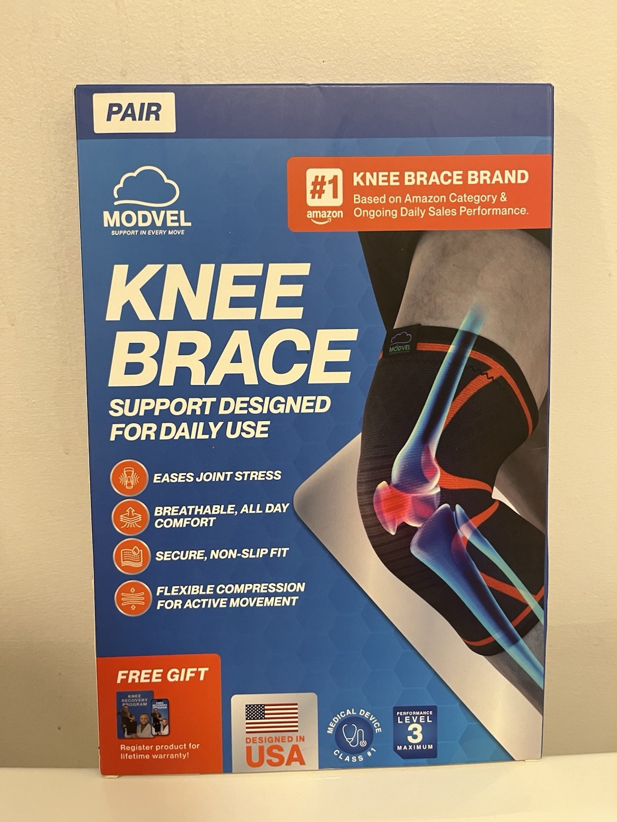 Modvel Knee Brace Pair XL Compression Breathable Non-Slip Flexible Grey Blue