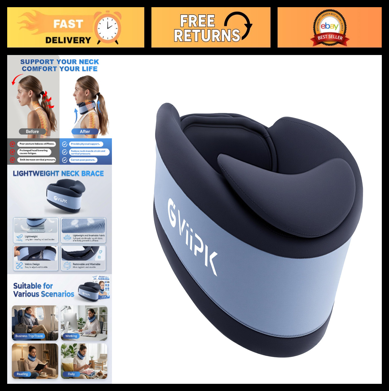 Soft Ice Silk Neck Brace – Cervical Collar Support for Pain Relief & Posture Cor