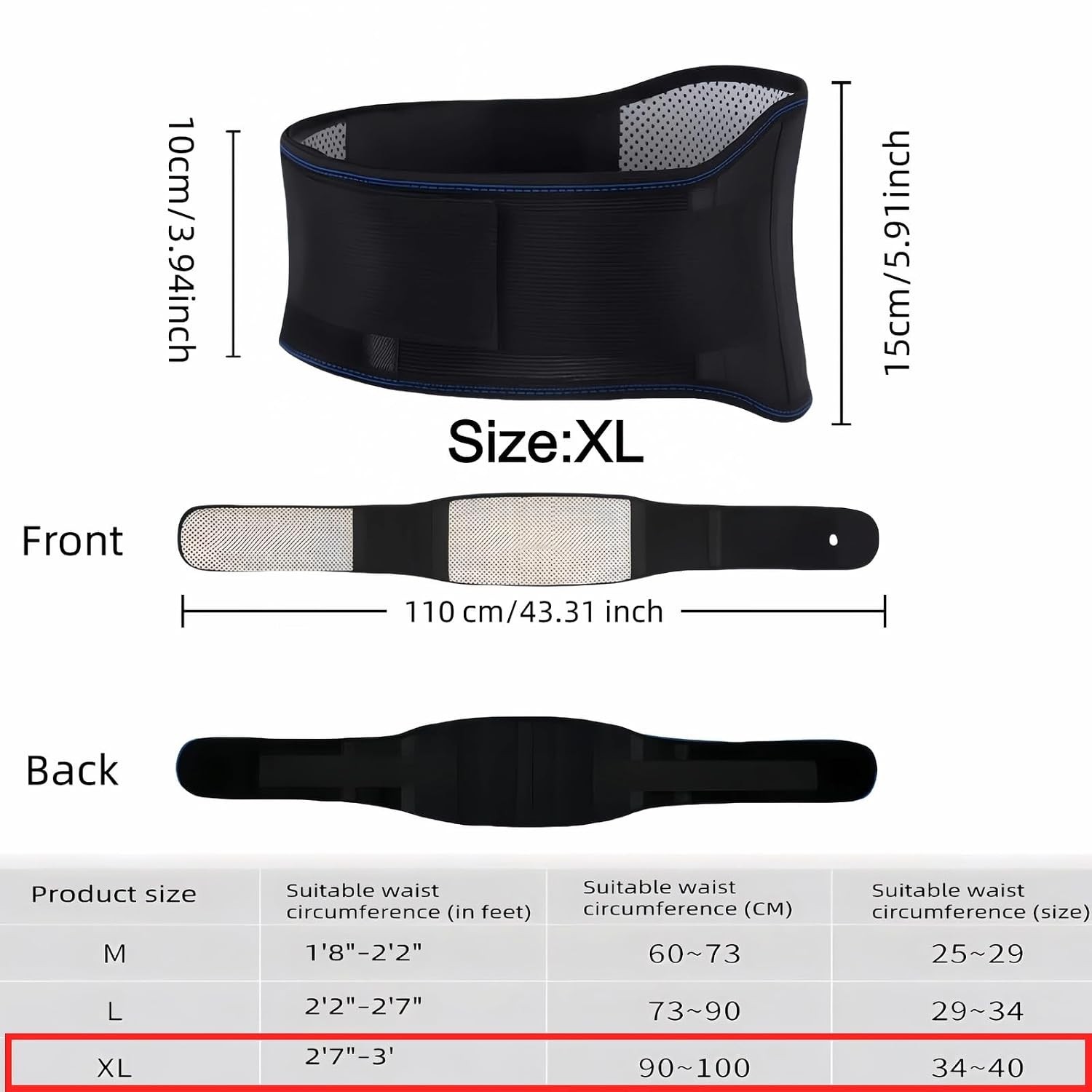 Self Heating Lumbar Support Strap XL Adjustable Back Brace Thermal Therapy