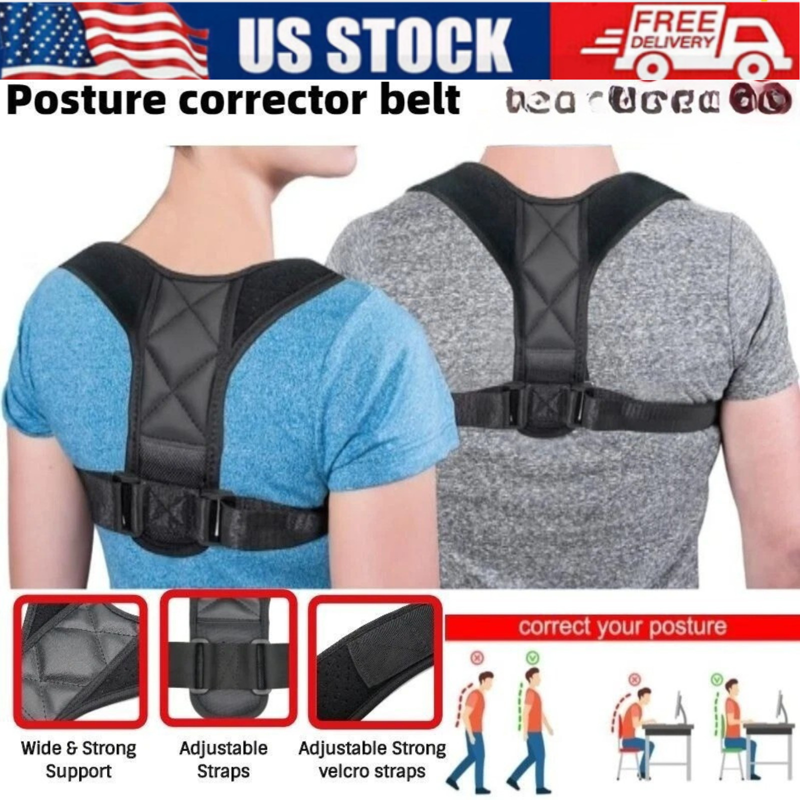 Posture Corrector Adjustable Back Shoulder Belt Support Body Brace Back Unisex