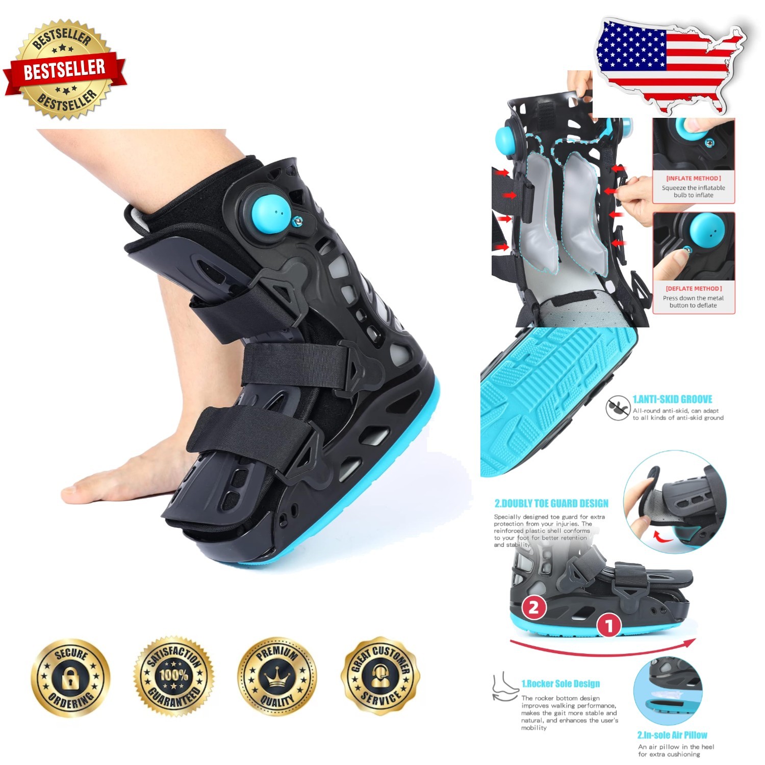 Unisex Black Walking Boot Large – Achilles Tendonitis, Sprain Orthopaedic Brace