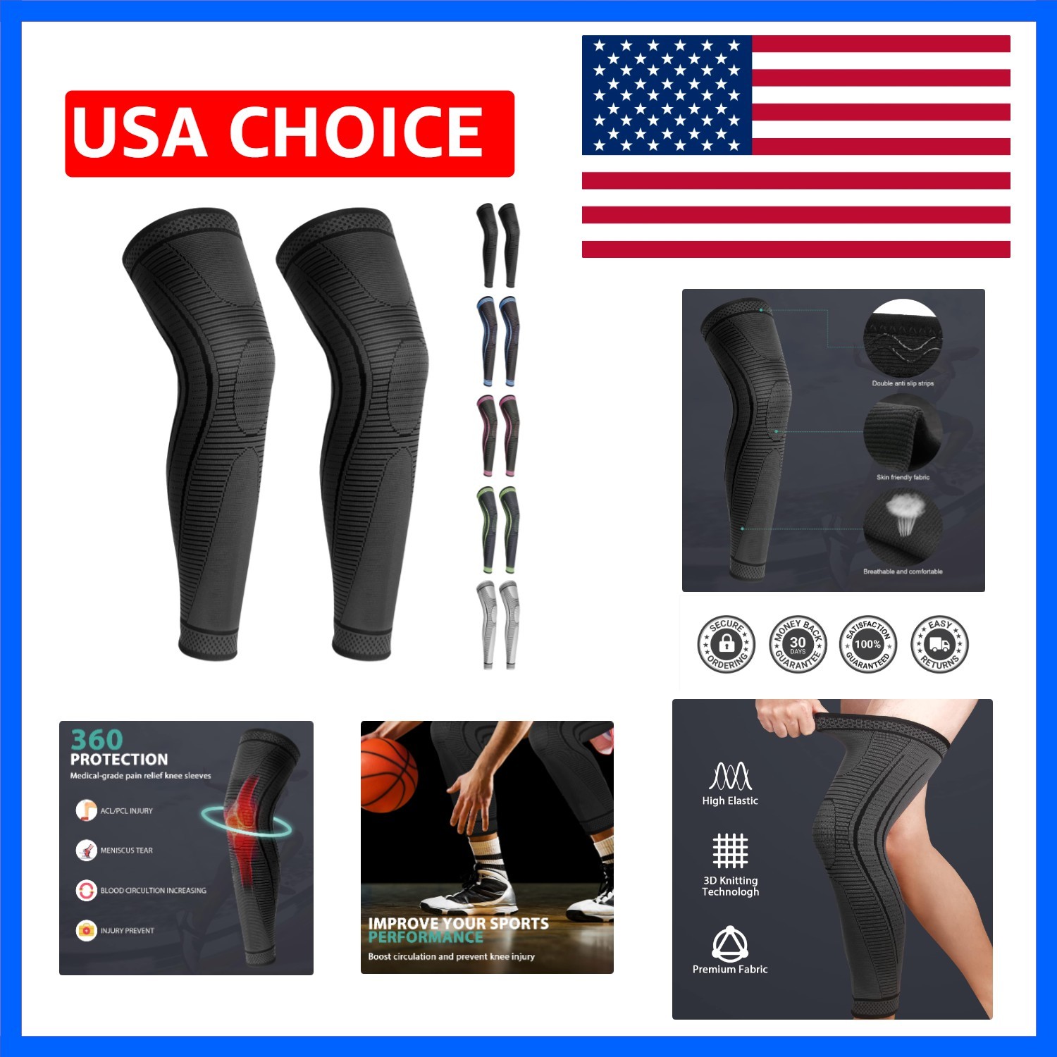 2 Pack Full Leg Compression Sleeves, Long Knee Brace Support for ACL,PCL, Men…