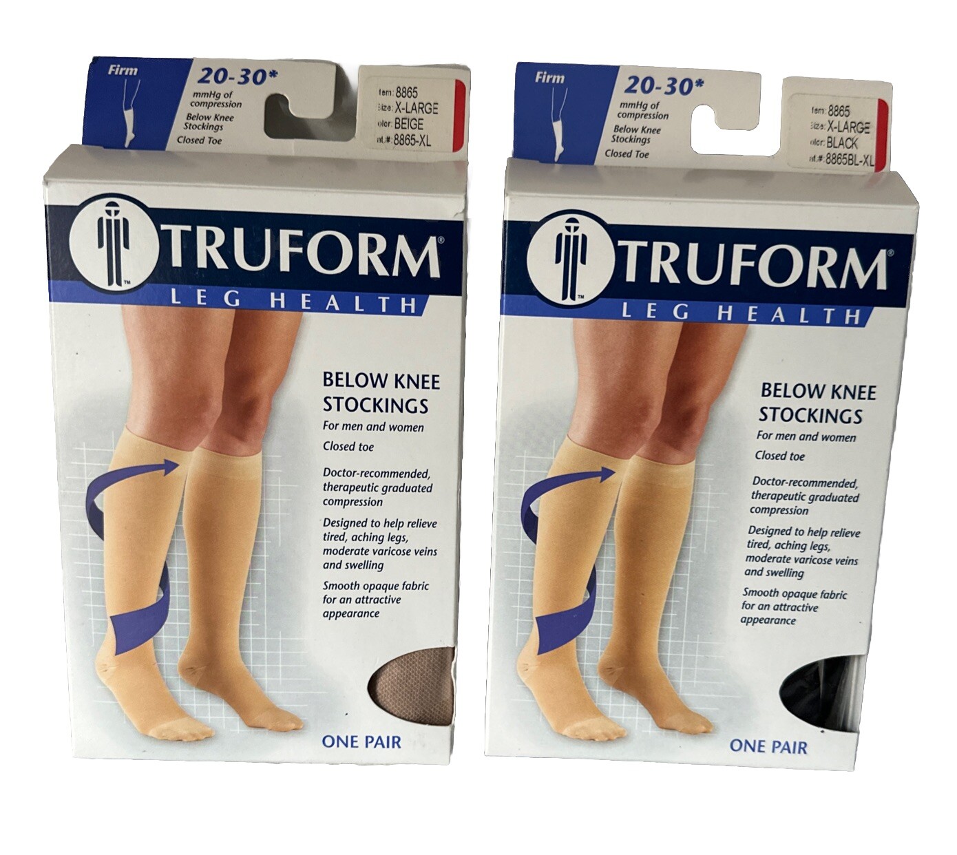 Truform Compression Socks 20-30 mmHg Knee High 8865 Beige & Black XL 2 Prs New