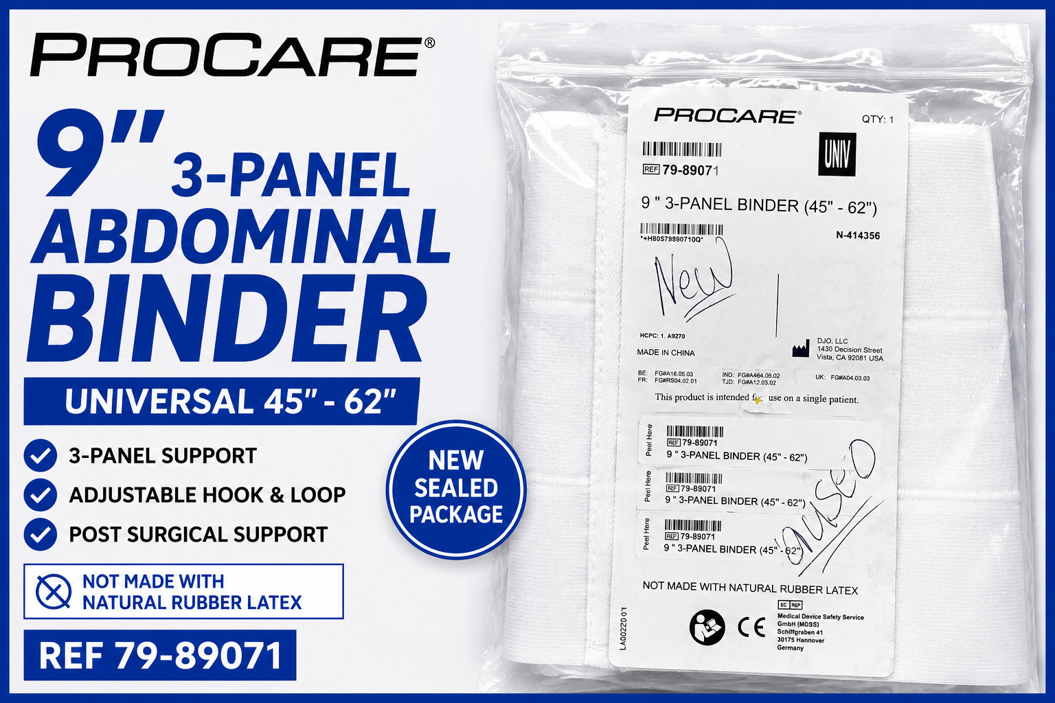 ProCare 9″ 3 Panel Abdominal Binder Universal 45-62″ Post Surgical REF 79-89071