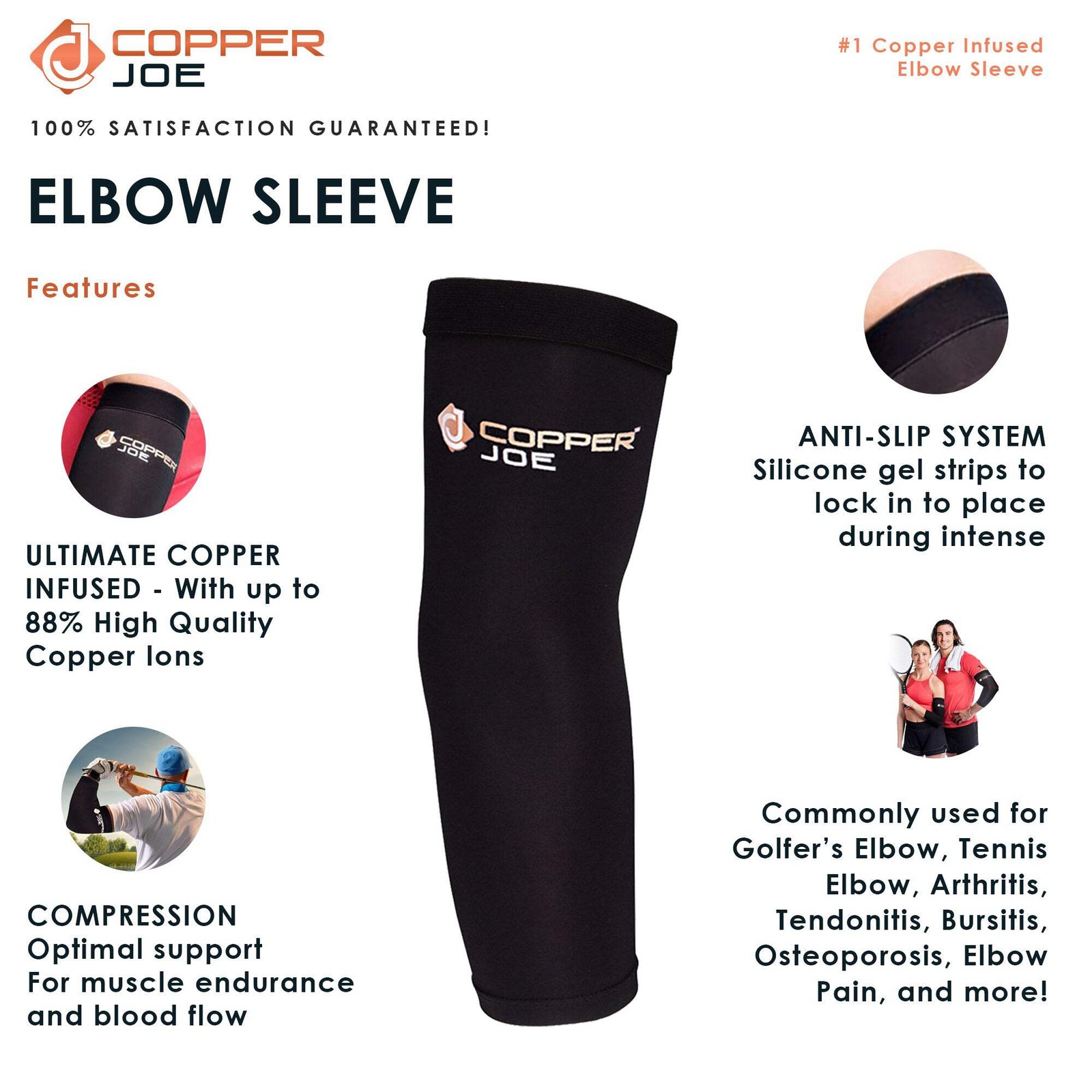 2 Pack Copper Joe Elbow Compression Sleeve Brace Arthritis Tennis Men and Women
