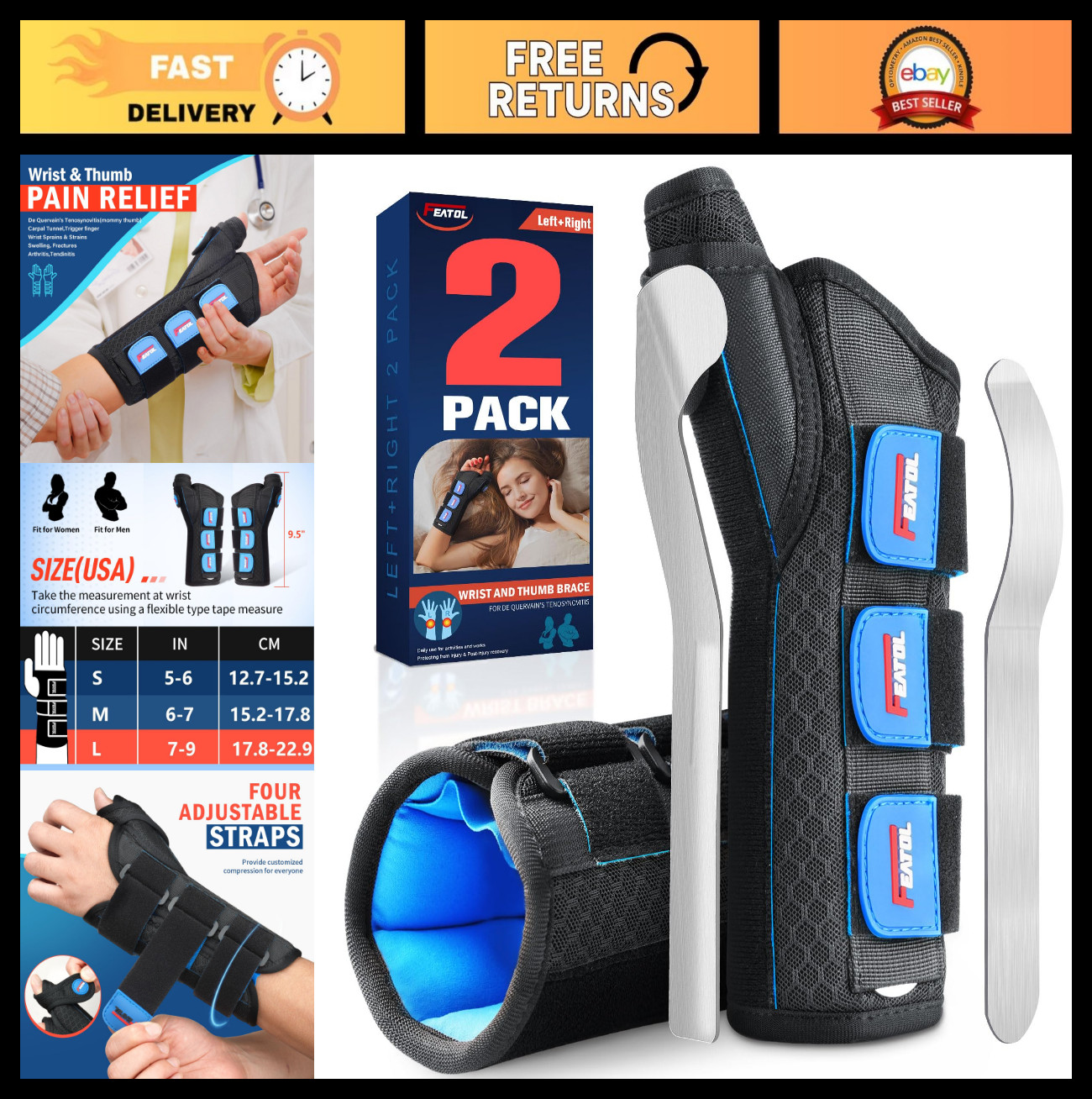 2 Pack Adjustable Wrist Brace with Thumb Support for Left & Right Hand, L/XL