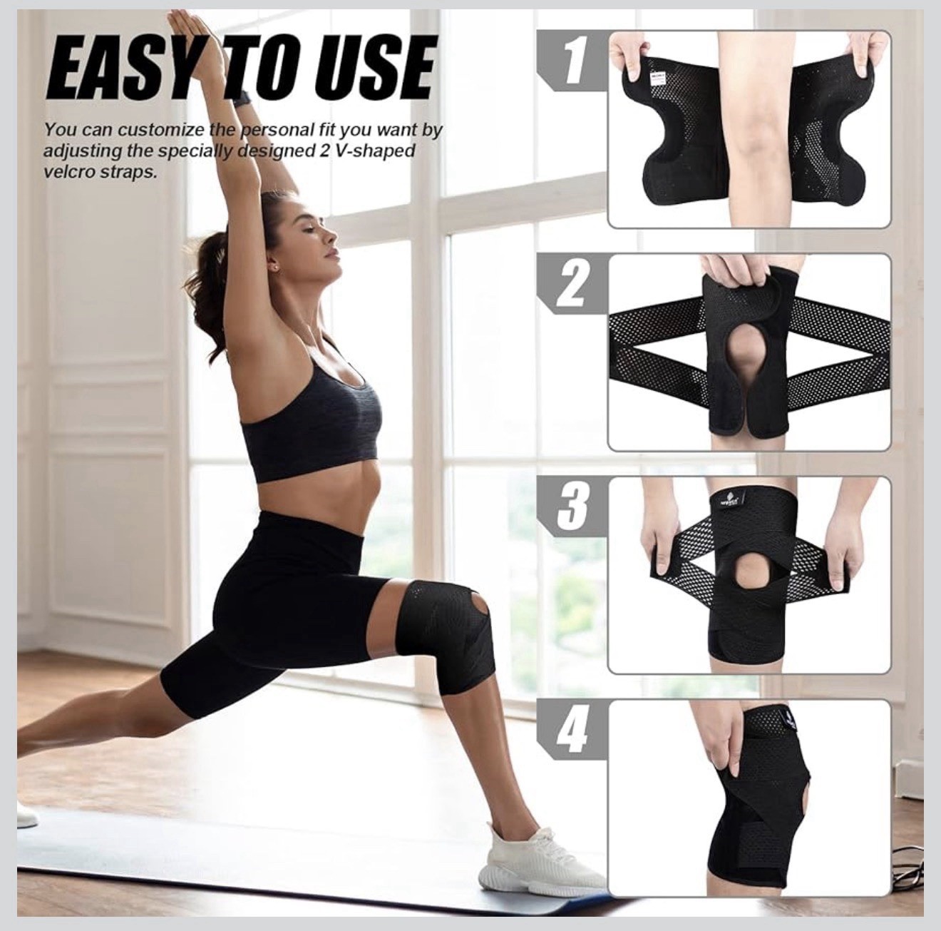 NEENCA Adjustable Mesh Knee Brace Black w/ Spring Stabilizers V-Straps