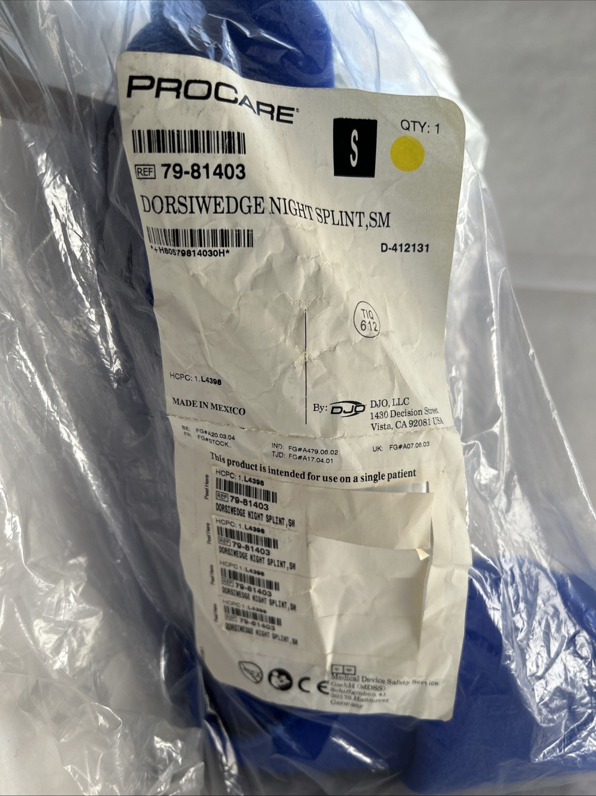 ProCare DorsiWedge Brace Night Splint. NEW. Sealed In Plastic Clean Bag.