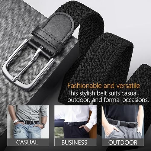 Elastic Braided Belt Waist Adjustable:36″-42″ (46″ Length) Blacka Black Buckle