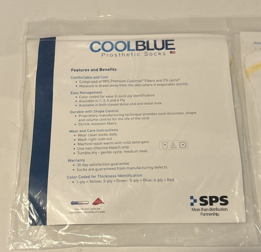 Lot Of 2 Prosthetic Sock Cool Blue 1 Ply CB1MDSH2 Size 2,3 length 10 – 14 New