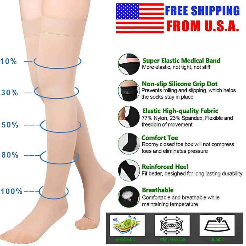 Compression Stockings Thigh High for Women Men 30-40 mmhg Graduated Compression