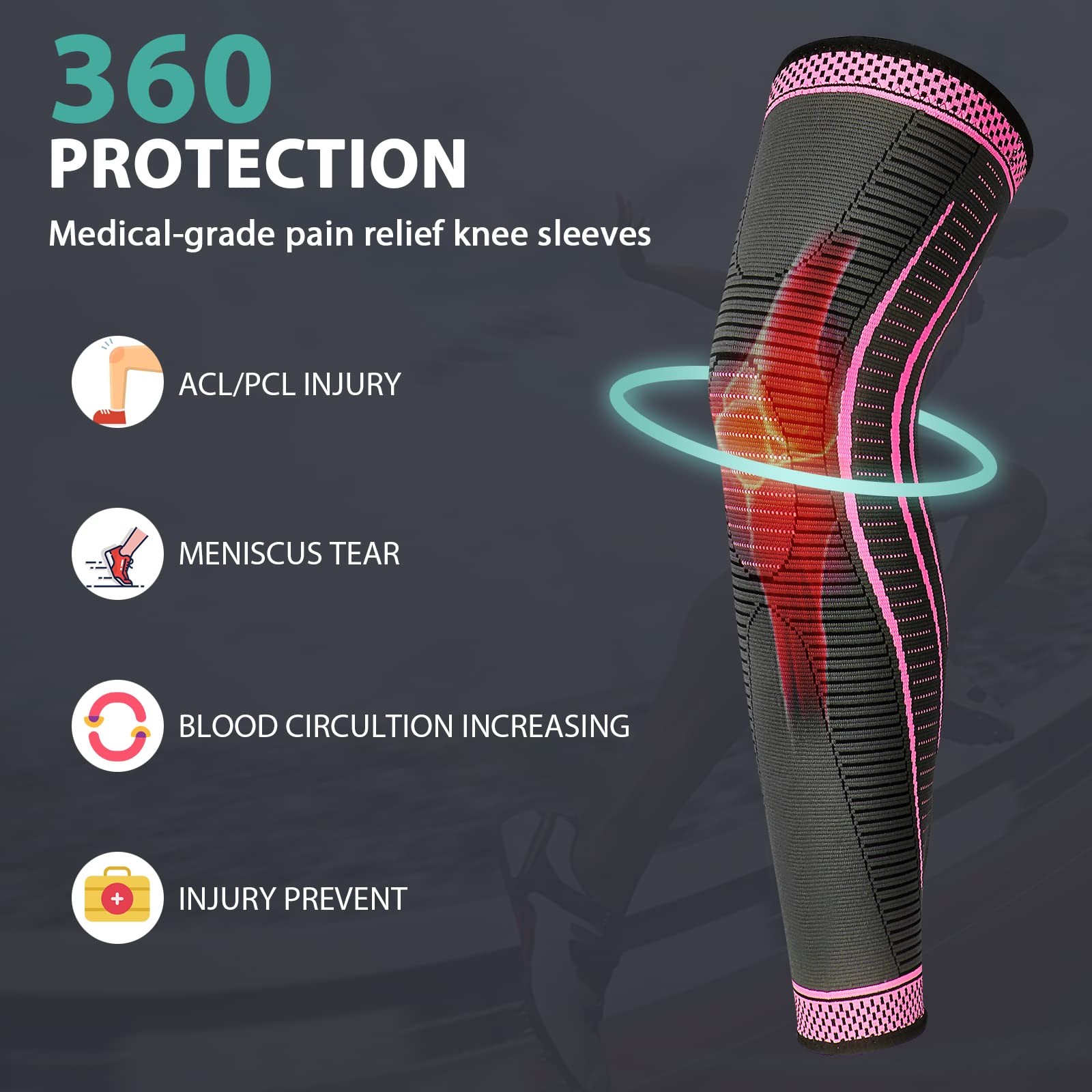 2 PCS Rose Red Medium Full Leg Compression Sleeves Long Knee Brace Support