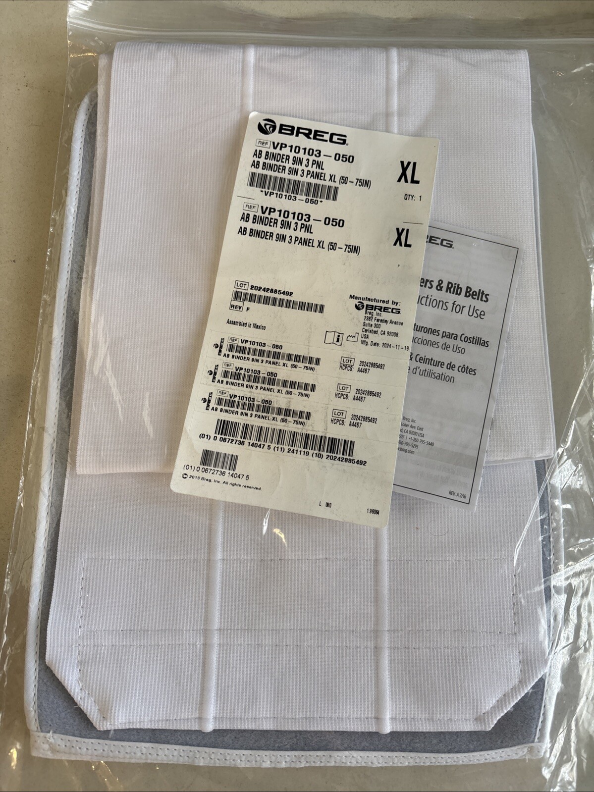 BREG Ab Binders 9” 3 Panel XL 50-75” VP10103-050 White 2024 Brand New